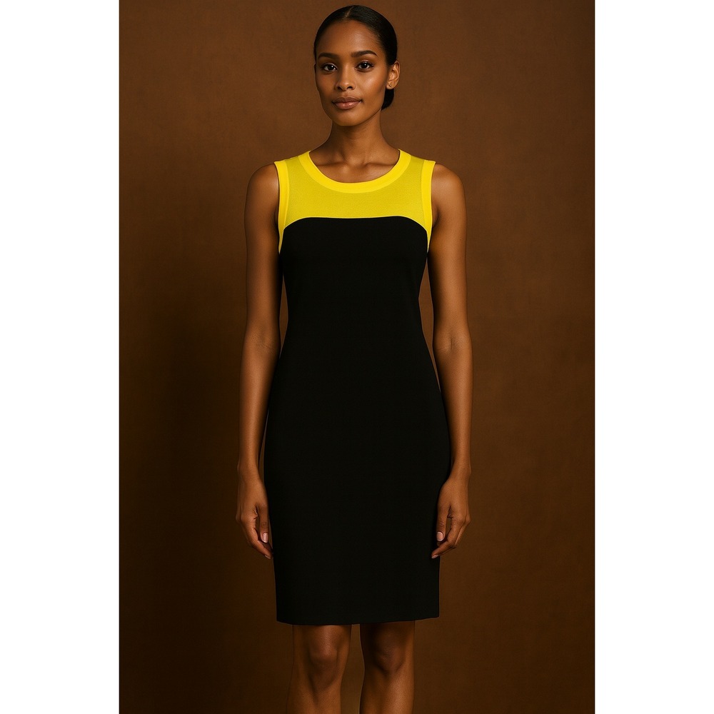 Exclusively Misook Womens Black Yellow Sleeveless Sheath Dress‎ XS